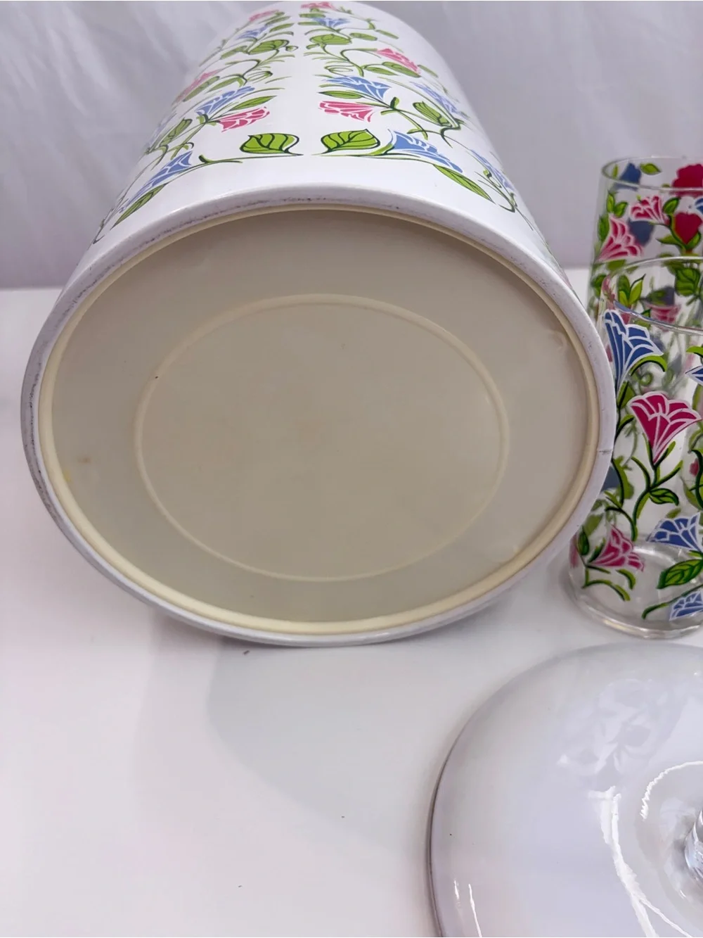 H. J. Stotter vintage acrylic 4 pc vtg floral beverage set ice bucket 3 tumblers